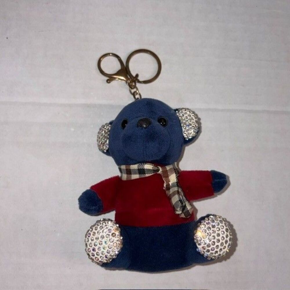 Blue Teddy Bear Rhinestone Ears and Feet Red Sweater Keychain 5 Inches 5"